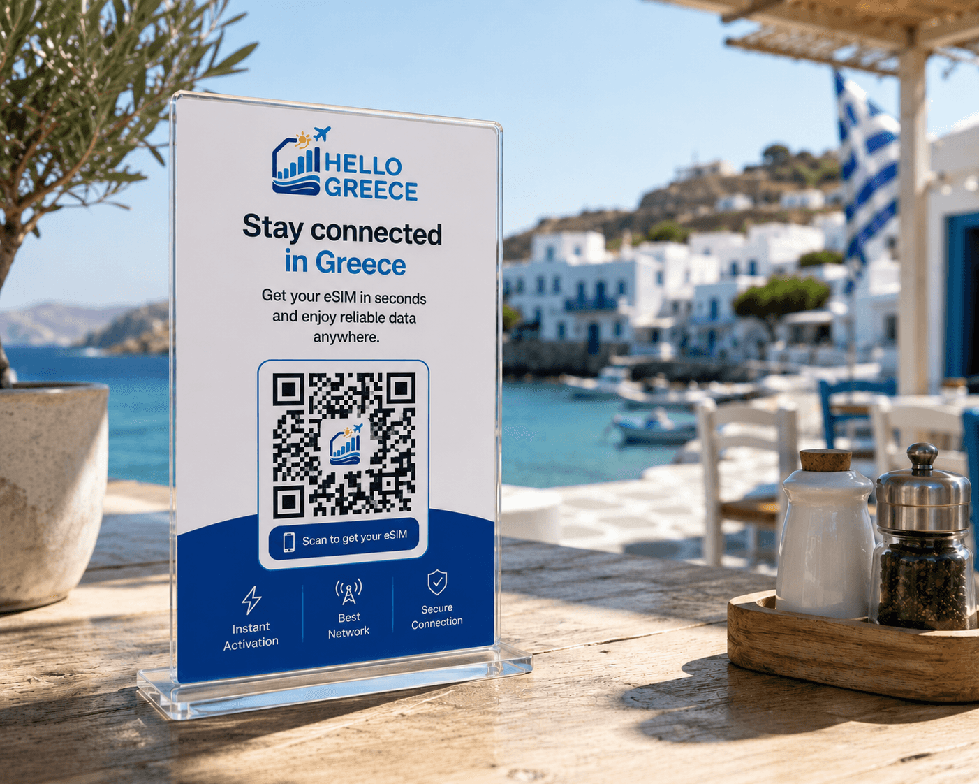 Hello Greece QR stand for travel partners in Greece
