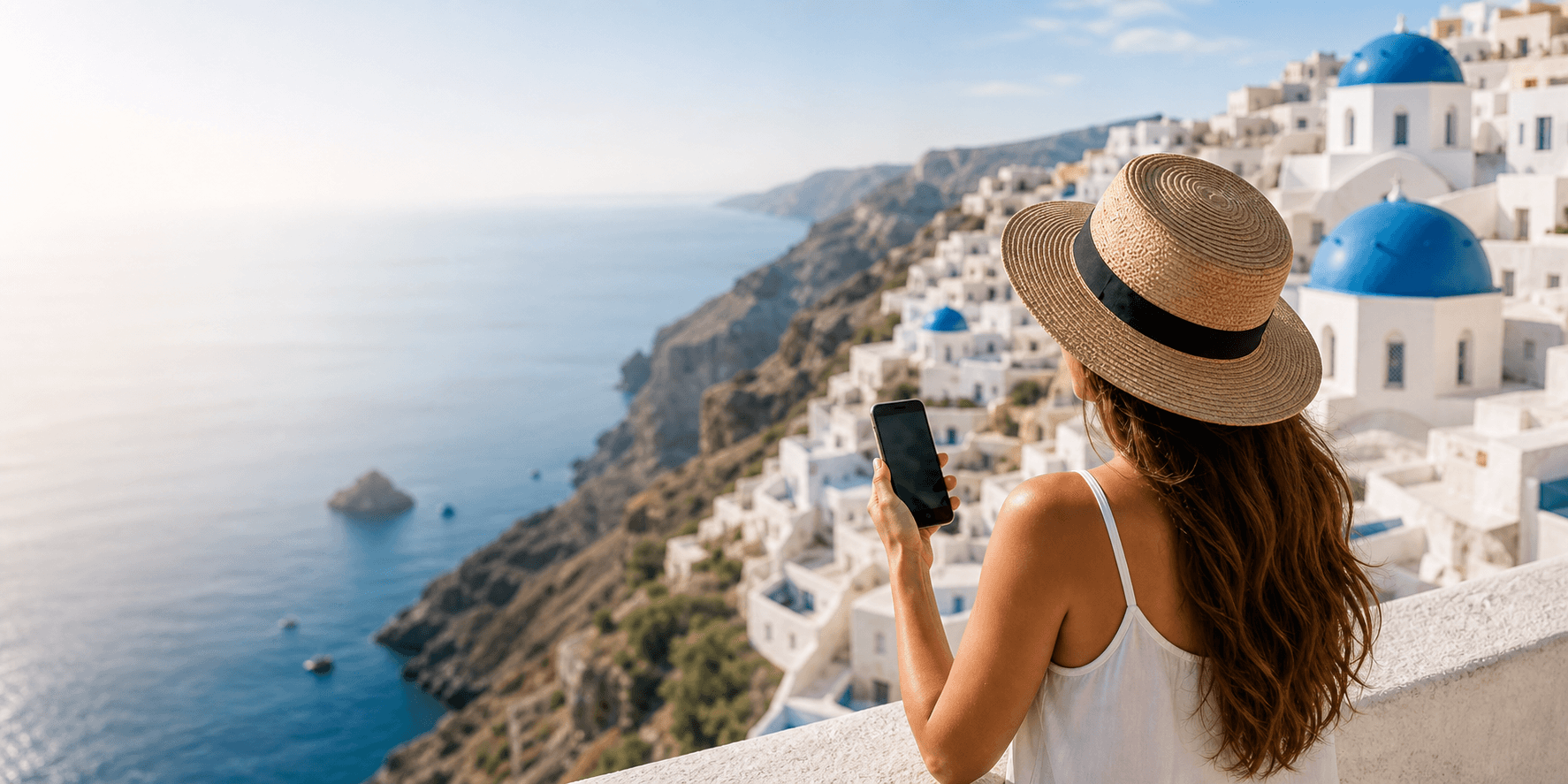 Traveler using a phone in Santorini